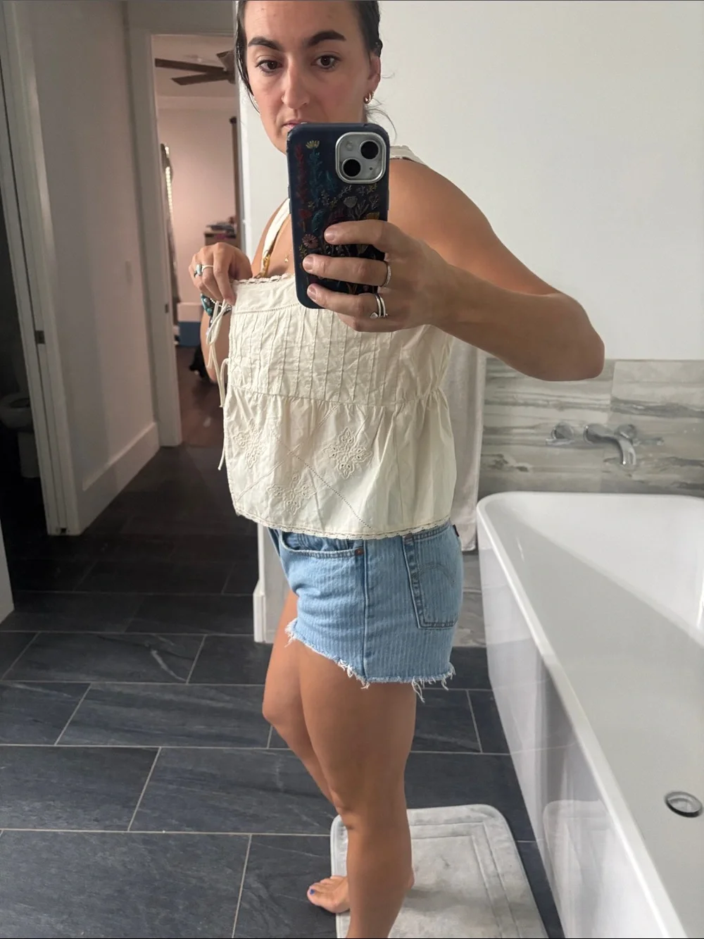 AEO Cream Tie-Front Embroidered Tank